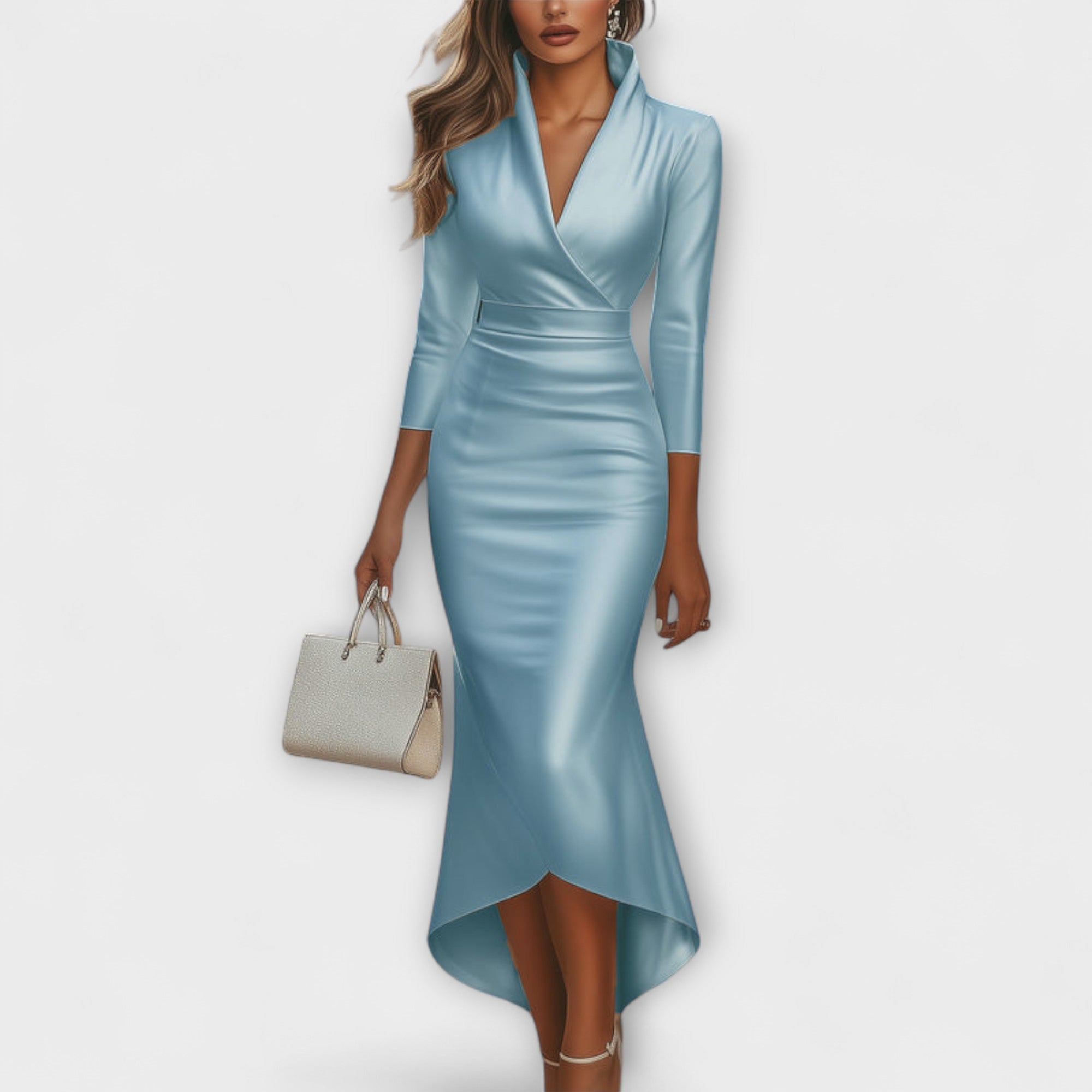 Rebecca - Elegante vestido midi de satén blanco con escote en V