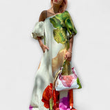 Skylar - Vestido largo con estampado floral, escote asimétrico y mangas globo