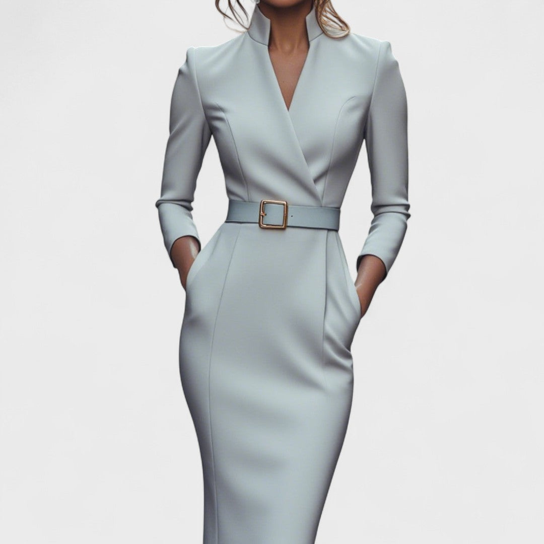 Hana - Elegante vestido negro con cinturón y cuello