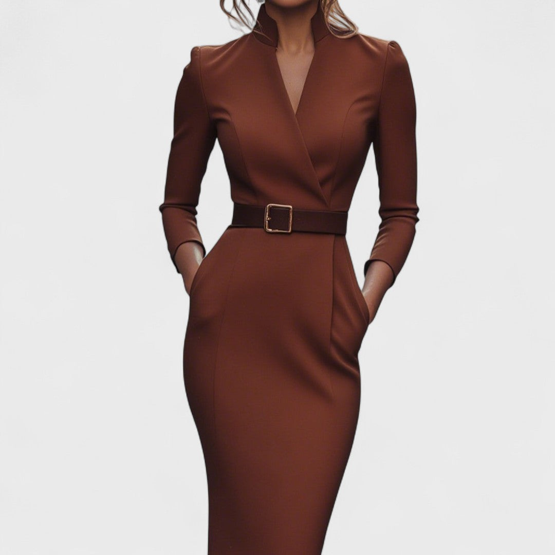 Hana - Elegante vestido negro con cinturón y cuello