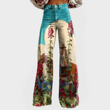 Veronika Jeans Elegantes de Pierna Ancha con Arte Floral