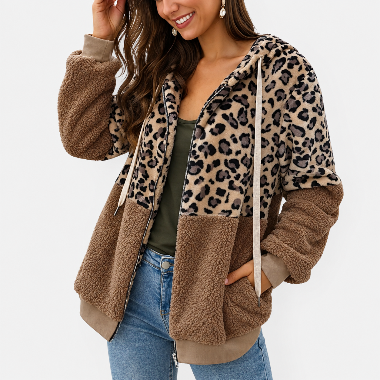 Lea - Sudadera polar con capucha y diseño de leopardo