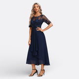 Mariana - Vestido Azul Marino Renda Manga Corta