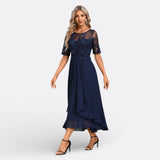 Mariana - Vestido Azul Marino Renda Manga Corta