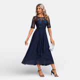 Mariana - Vestido Azul Marino Renda Manga Corta