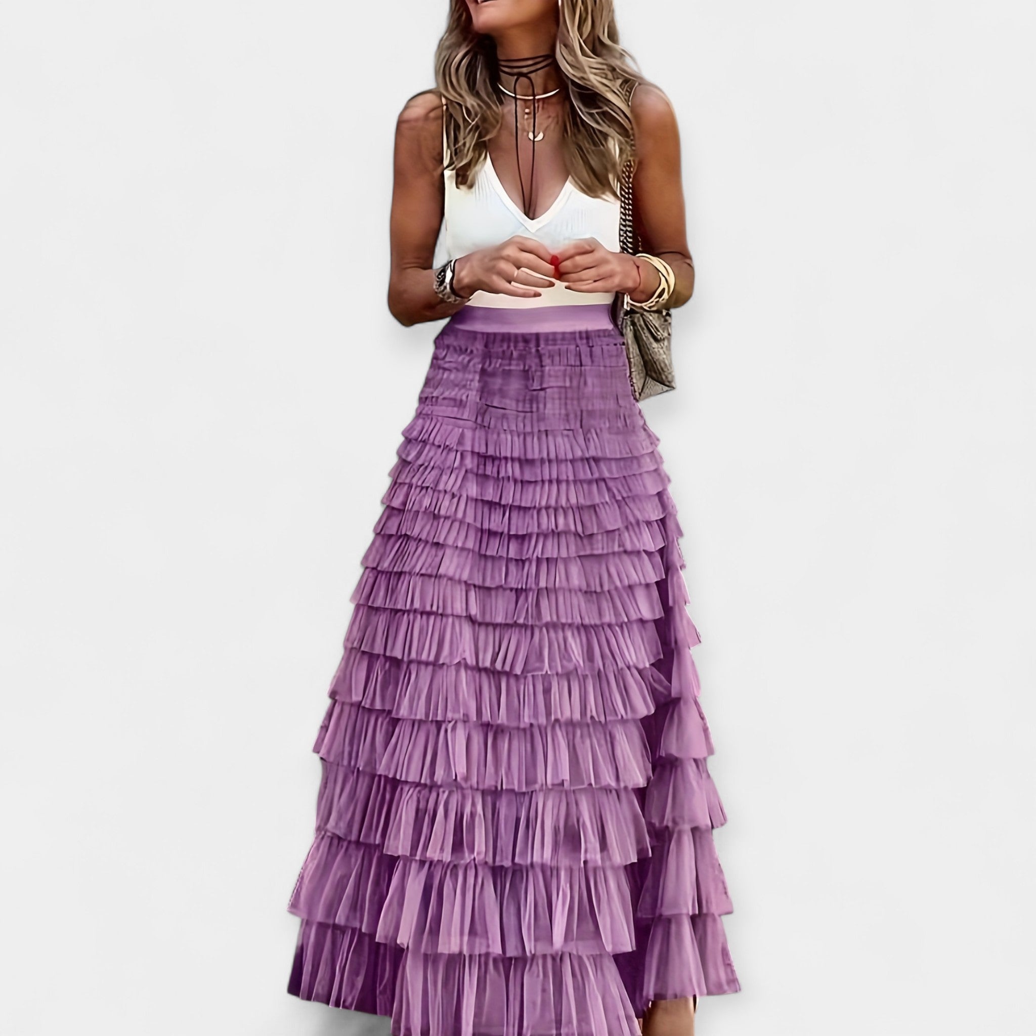 Eva Sofisticada Falda Boho de Satén con Dobladillo de Malla de Verano