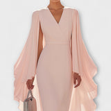 Rachel - Vestido midi rosa con cuello de pico y mangas de gasa