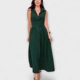 Mira - Impresionante vestido midi con cierre de botones y detalle de lazo en color liso