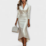 Rebecca - Elegante vestido midi de satén blanco con escote en V