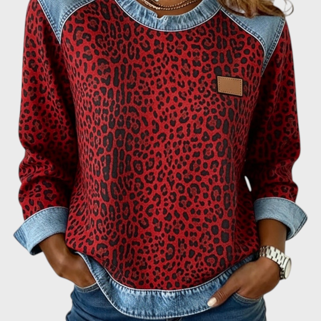 Roxy | Top de estampado de leopardo con ribetes de denim