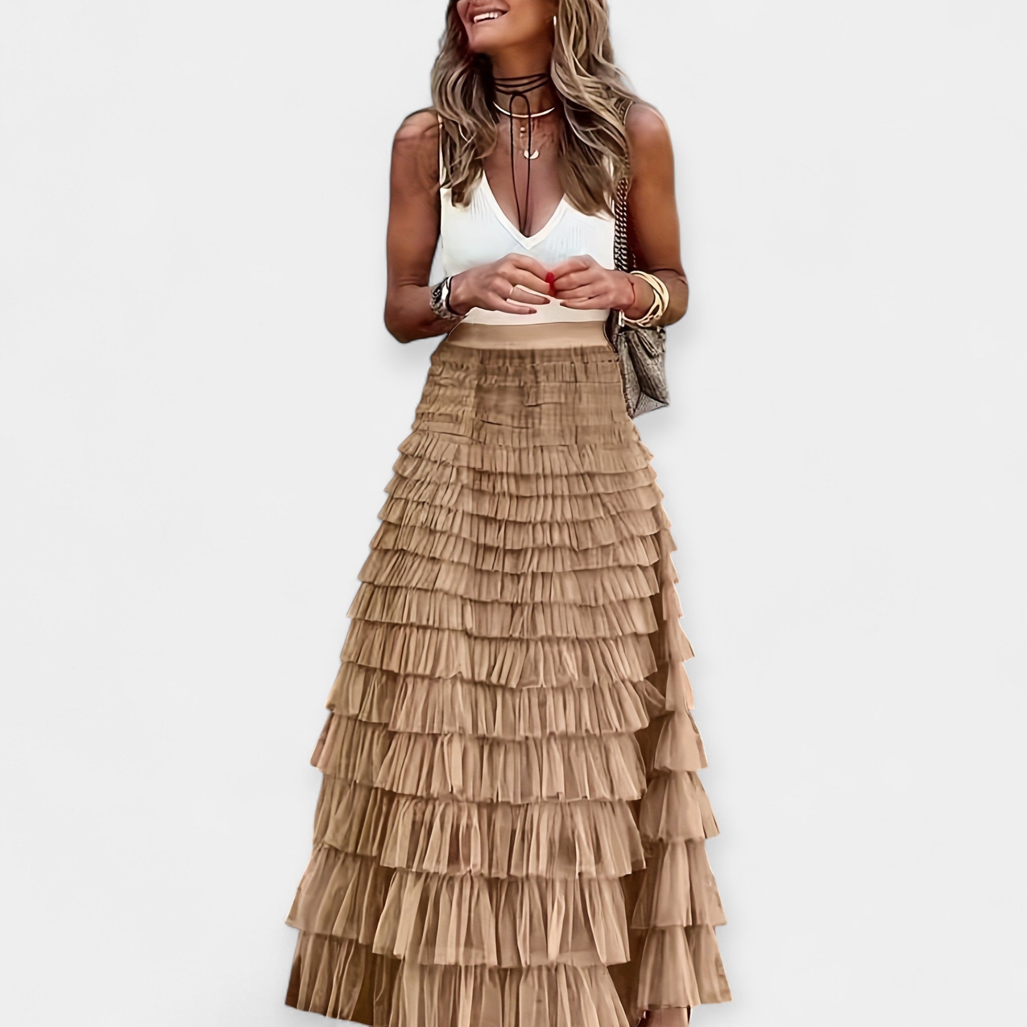 Eva Sofisticada Falda Boho de Satén con Dobladillo de Malla de Verano