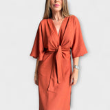 Holly - Vestido casual con cuello en V de algodón y lino con cordones