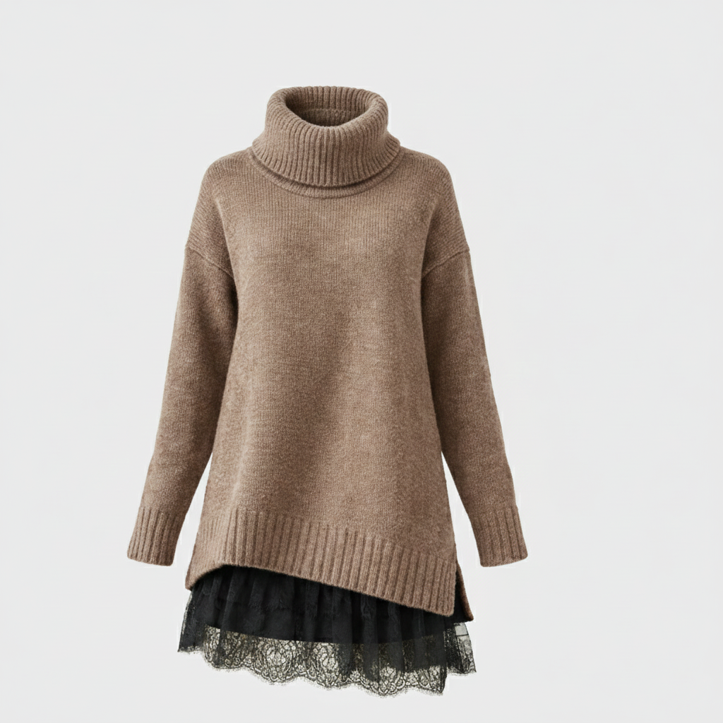 Sara | Vestido de punto de lujo con cuello vuelto y detalle de encaje