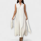 Mira - Impresionante vestido midi con cierre de botones y detalle de lazo en color liso