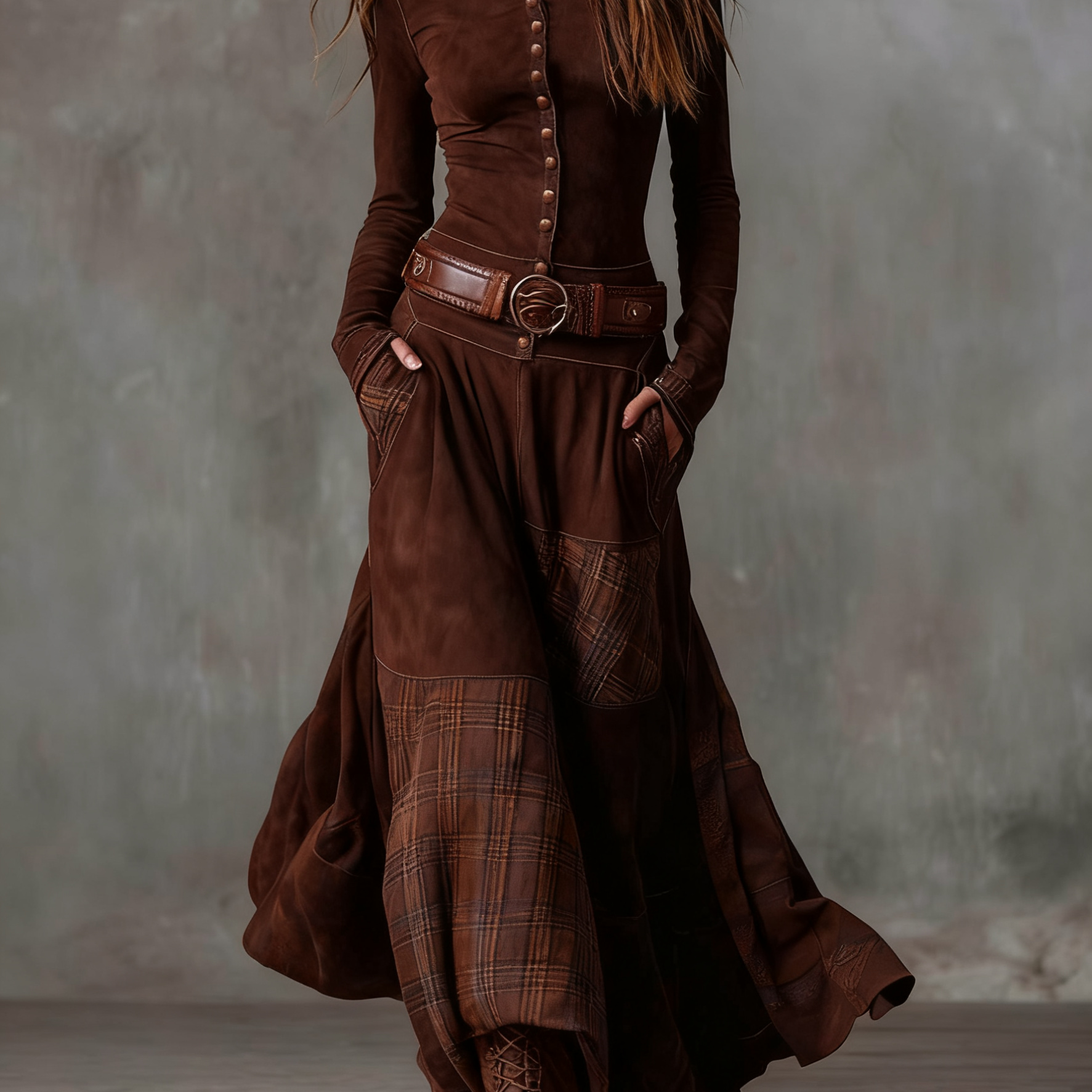 Azucena | Vestido maxi de ante con cinturón