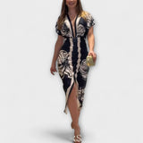 Cleo - Exclusivo vestido midi con mangas dolman y estampado brasileño