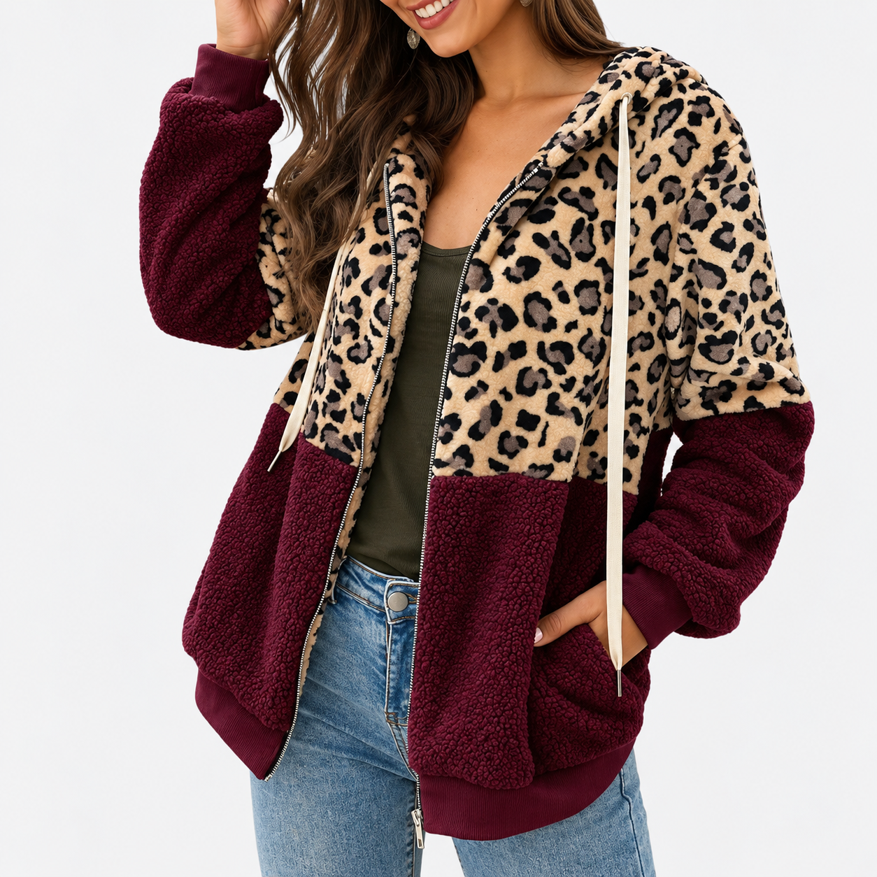 Lea - Sudadera polar con capucha y diseño de leopardo