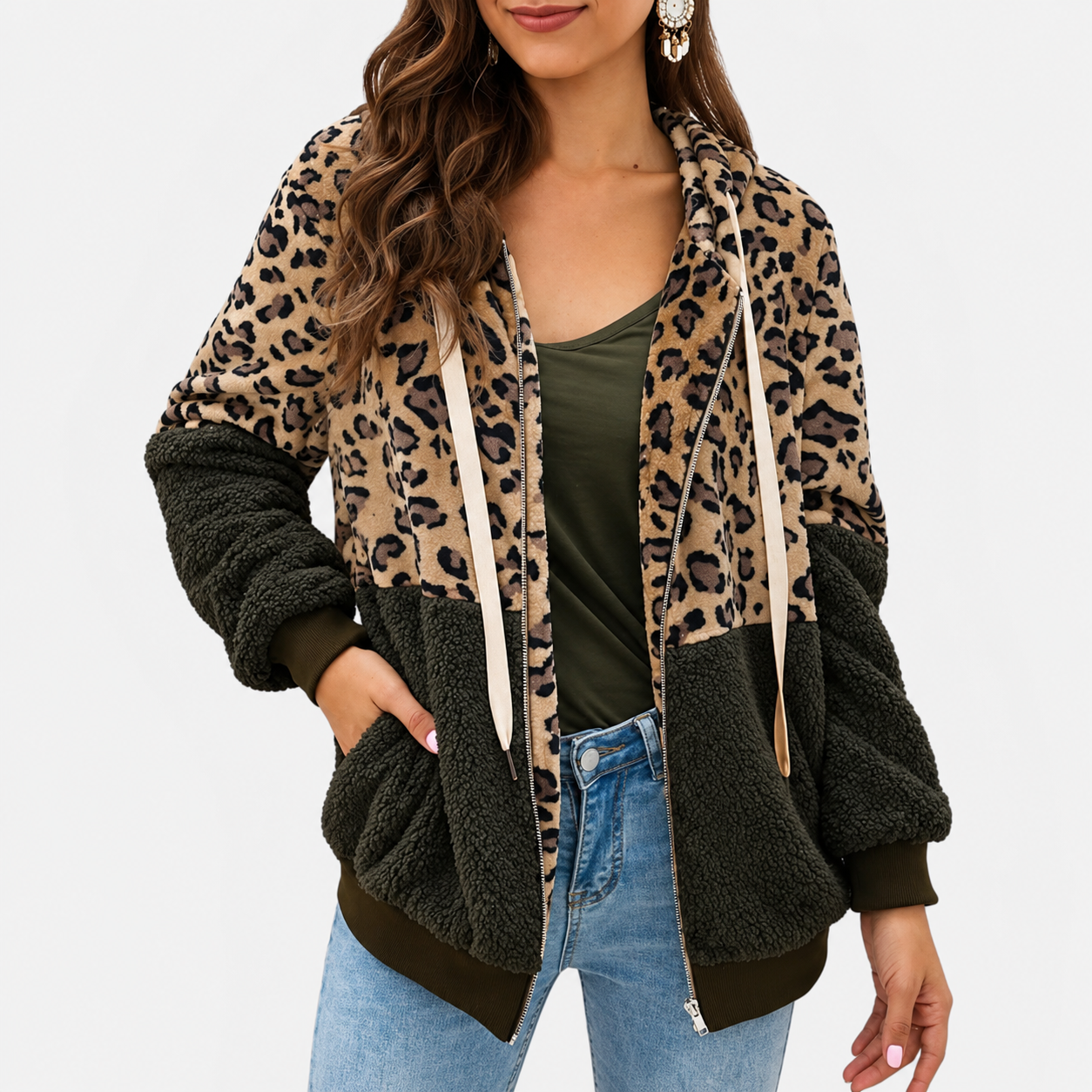 Lea - Sudadera polar con capucha y diseño de leopardo