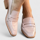 Sasha | Mocasines de tacón alto de charol rosa con punta cuadrada