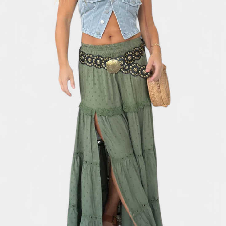 Dola | Maxi falda boho con encaje y abertura delantera