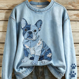 Nina - Sudadera de mujer con patchwork vaquero estilo bulldog francés