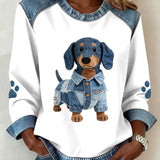 Reina - Sudadera con capucha para mujer, diseño de patchwork de denim, con estampado de perro salchicha