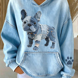 Blanca - Sudadera con capucha para mujer, con estampado de bulldog francés a rayas y parche de denim
